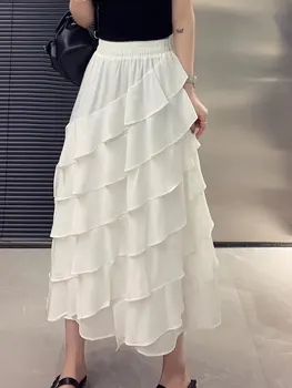 SURMIITRO, Длинная юбка Миди, женская Летняя Корейская мода 2023, Белые Черные оборки, Элегантная Эстетичная юбка с высокой талией, женская