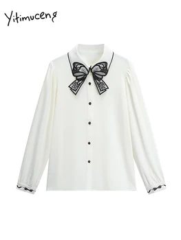 Белая рубашка с бантом Yitimuceng, женская осень-зима 2023, Новая модная блузка с длинным рукавом и отложным воротником, повседневные свободные топы на пуговицах