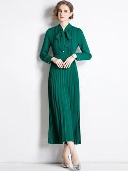 Модные женские платья Макси с длинным рукавом для подиума 2023, дизайнерский халат с воротником-бантом, плиссированный Зеленый халат для вечеринок Vestidos Para Mujer Feminino