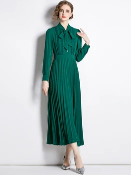 Модные женские платья Макси с длинным рукавом для подиума 2023, дизайнерский халат с воротником-бантом, плиссированный Зеленый халат для вечеринок Vestidos Para Mujer Feminino Изображение 2