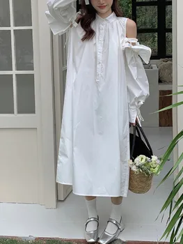 Женское летнее белое длинное платье со съемным рукавом, однобортные свободные повседневные платья-рубашки, новинка в женском корейском стиле 2023 года