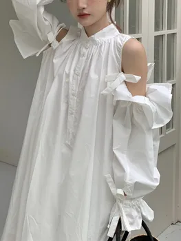 Женское летнее белое длинное платье со съемным рукавом, однобортные свободные повседневные платья-рубашки, новинка в женском корейском стиле 2023 года Изображение 2