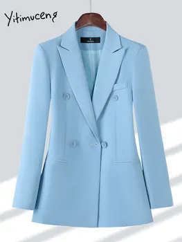 Синие блейзеры Yitimuceng для женщин 2023, новое модное весеннее офисное женское пальто с длинными рукавами, Элегантные тонкие двубортные блейзеры Изображение 2
