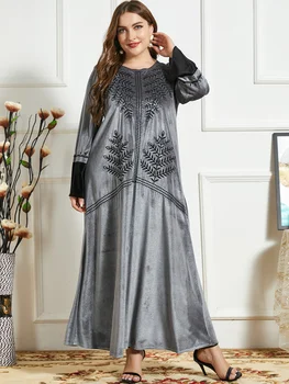 Муслиновое платье для турецкого Дубая 2023, новое модное платье, арабское платье, вышитое Золотое бархатное платье с длинным рукавом, женская одежда Изображение 2