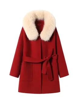 Женские красные рождественские пальто 2022 года, женские зимние меховые пальто с воротником, теплые шерстяные пальто с поясами, Милая модная верхняя одежда с капюшоном