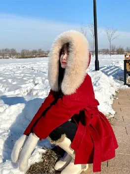 Женские красные рождественские пальто 2022 года, женские зимние меховые пальто с воротником, теплые шерстяные пальто с поясами, Милая модная верхняя одежда с капюшоном Изображение 2