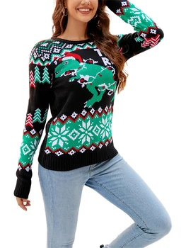Модный женский рождественский вязаный свитер с длинным рукавом, круглый вырез, пуловер с рисунком динозавра, Рождественская елка, трикотаж