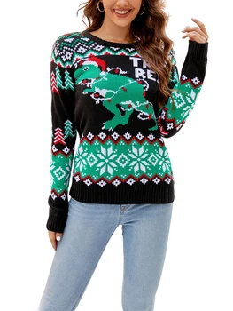 Модный женский рождественский вязаный свитер с длинным рукавом, круглый вырез, пуловер с рисунком динозавра, Рождественская елка, трикотаж Изображение 2