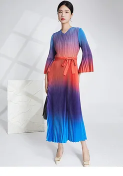 Дизайнерский летний градиентный принт, свободные плиссированные платья оверсайз для женщин traf zevity runway, винтажный вечерний халат для вечеринок femme Изображение 2