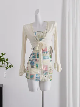 Летние модные женские комплекты из 2 предметов, вязаный кардиган в корейском стиле с длинным рукавом и ремешком с принтом, платье-комбинация, комплект одежды