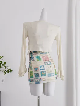 Летние модные женские комплекты из 2 предметов, вязаный кардиган в корейском стиле с длинным рукавом и ремешком с принтом, платье-комбинация, комплект одежды Изображение 2