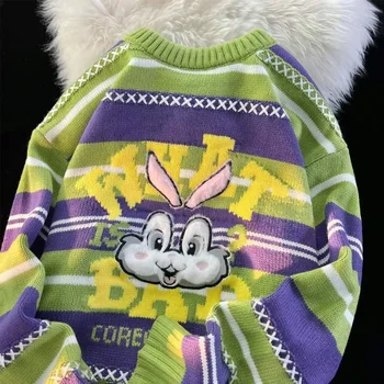 Корейский вязаный свитер в полоску с милым и крутым кроликом для женщин осенью и зимой, свободная верхняя одежда и мягкое восковое пальто y2k tops Изображение 2