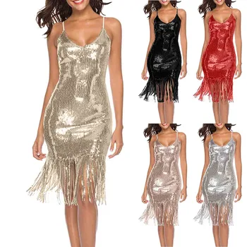 Элегантное сексуальное платье с блестками и кисточками, женское короткое мини-платье на бретельках без рукавов, женское облегающее вечернее платье с V-образным вырезом