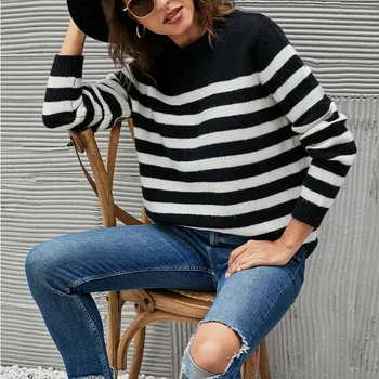 Женский Повседневный вязаный пуловер в черно-белую полоску с длинными рукавами и круглым вырезом, свитер в стиле пэчворк, осенний топ Sudaderas