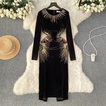 Высококачественное бархатное длинное платье с вышивкой и пайетками, женское осенне-зимнее винтажное тонкое элегантное светло-роскошное вечернее платье