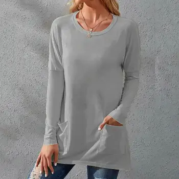 Женский топ свободного кроя, осенняя футболка с длинным рукавом, мягкая дышащая женская футболка средней длины с круглым вырезом, длинная для весны