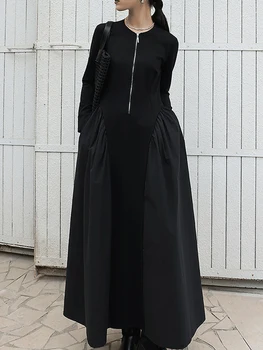 LANMREM Уличная одежда, Черное тонкое платье трапециевидной формы, женские длинные платья на молнии с длинными рукавами, мода 2024, Новинка весны 2AA4601 Изображение 2