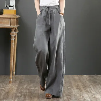 Женские хлопчатобумажные льняные брюки, модные однотонные прямые брюки с эластичной резинкой на талии, женские брюки длиной до щиколоток, Летние повседневные брюки