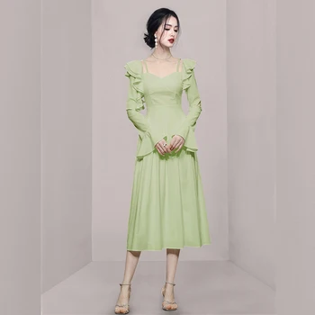 Весенние новые Корейские модные платья миди с квадратным вырезом и рюшами для женщин, дизайнерское элегантное вечернее платье трапециевидной формы с расклешенными рукавами, женское Изображение 2