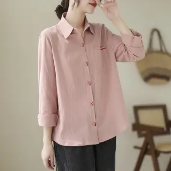 Женская рубашка с вышивкой и карманами, повседневные бело-розовые топы, блузки, весенне-осенние хлопчатобумажные блузки, одежда с лацканами 2023 года. Изображение 2