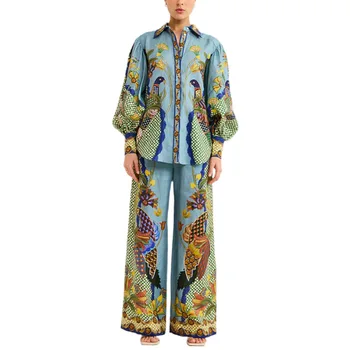 Женский костюм-рубашка, комплект 2024, Новая модная блузка с длинным рукавом и принтом, рубашка + Свободные Широкие брюки с эластичной талией, женский костюм-рубашка