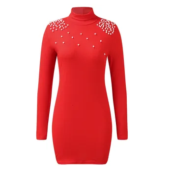 Женское рождественское красное платье с длинными рукавами и жемчужным дизайном, элегантное вечернее платье с высоким воротом для женщин, осень 2023 г.