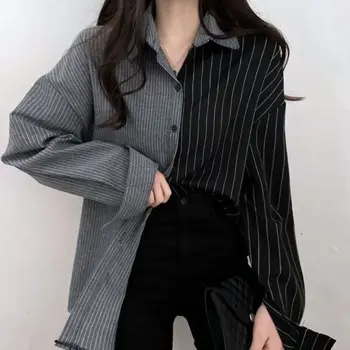 Новые женские рубашки в черно белую полоску в стиле пэчворк, Корейская мода, простые блузки контрастного цвета с длинным рукавом, весна-осень Изображение 2