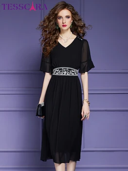 Женское элегантное шифоновое платье с вышивкой TESSCARA, высококачественное офисное коктейльное платье для вечеринки, винтажное дизайнерское платье с V-образным вырезом, Vestidos