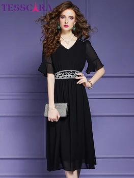 Женское элегантное шифоновое платье с вышивкой TESSCARA, высококачественное офисное коктейльное платье для вечеринки, винтажное дизайнерское платье с V-образным вырезом, Vestidos Изображение 2