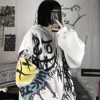 винтажная толстовка с капюшоном с принтом граффити для женщин, осень-зима, корейская мода, свободная серая бархатная куртка для пары, модная Изображение 2