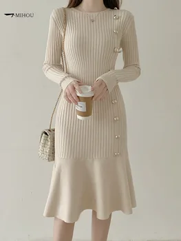 2024 Новая осень Теплая Корейская модница Элегантная одежда Вязаные Винтажные платья Платье-свитер Зимнее Vestido Feminino Утепленное Изображение 2
