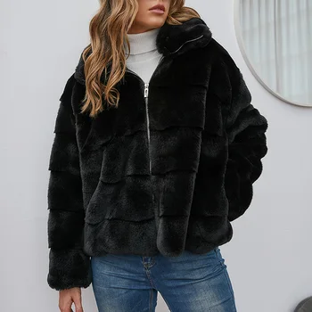 Роскошное женское зимнее пальто из искусственного меха, толстое теплое однотонное пальто на молнии, Женское повседневное толстое черное пальто 2021, женская куртка