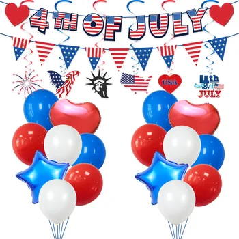 Патриотическое украшение 4-го / Четвертого июля, красный, белый, синий воздушный шар, флаг США, баннер, звездный серпантин, подвесные завитки, принадлежности для декора вечеринок