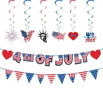 Патриотическое украшение 4-го / Четвертого июля, красный, белый, синий воздушный шар, флаг США, баннер, звездный серпантин, подвесные завитки, принадлежности для декора вечеринок Изображение 2