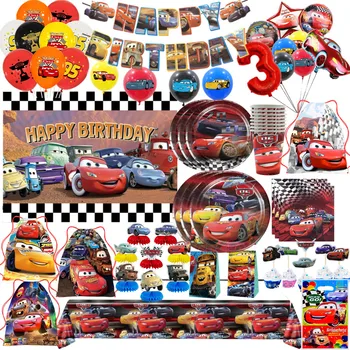 Чашки Disney Lightning McQueen, тарелки, набор столовых приборов, воздушные шары, украшения для дня рождения, гоночная машина, праздничные принадлежности для мальчиков и девочек