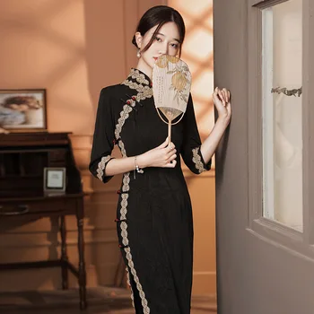 Женское элегантное Тонкое длинное Ципао с кружевной отделкой, винтажное китайское платье, новинка осени-зимы, восточные вечерние платья Чонсам для вечеринок