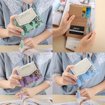Женский кошелек с короткой кисточкой на молнии, кошелек с принтом цвета вишни, модный студенческий кошелек для банкнот с несколькими отделениями для карт