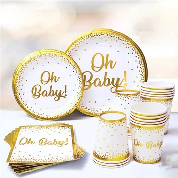 Золотая одноразовая посуда Oh Baby Birthday Бумажные тарелки, чашки, Салфетки, столовые приборы для вечеринки по случаю дня рождения, принадлежности для душа ребенка, раскрывающие пол ребенка