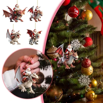 Украшение Рождественской елки Санта верхом на динозавре, подвесной орнамент на дереве, 2D акрил для домашнего декора для вечеринок 2024 года, подарки для детей