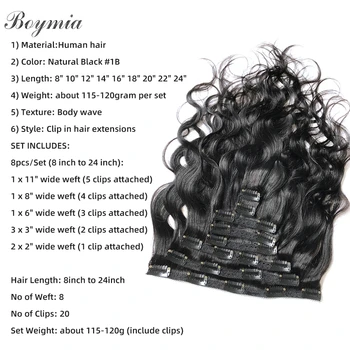 Boymia Body Wave Клип для Наращивания Человеческих Волос 8 шт./компл. Натуральные Черные Шиньоны Remy Human Для Чернокожих Женщин 115-120 г Изображение 2