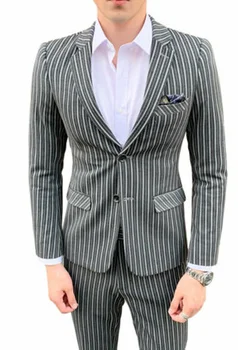 Серые мужские костюмы из 2 предметов (пальто + брюки) Полосатый деловой костюм с вырезами на лацканах Traje Hombre для шафера, вечерний костюм на заказ