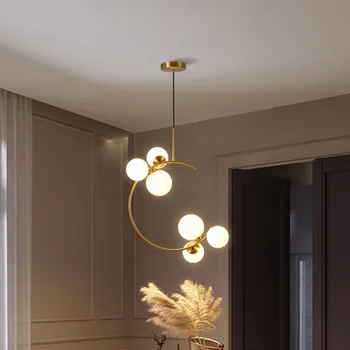 Светодиодная люстра, креативный прикроватный светильник для спальни, стеклянный шар, современный скандинавский ресторан, бар, кофе, простой золотой подвесной светильник Изображение 2