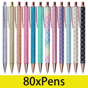 80шт Милые выдвижные шариковые ручки для женщин и девочек, необычный декоративный корпус с блестками, чернила средней плотности черного цвета