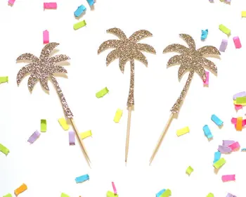 Выбор топперов для кексов с блестками в виде пальмового дерева, выбор блюд для вечеринки по случаю дня рождения, выбор топперов для летнего свадебного торта