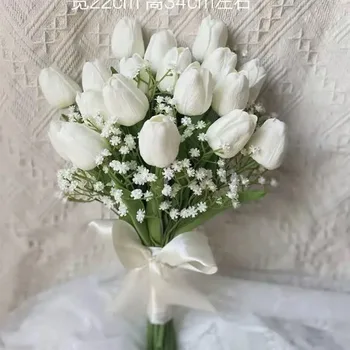Свадебный букет невесты с тюльпанами, подружка невесты, искусственные цветы ручной работы, гипсофила, украшение для домашней вечеринки, цветок в европейском стиле Изображение 2