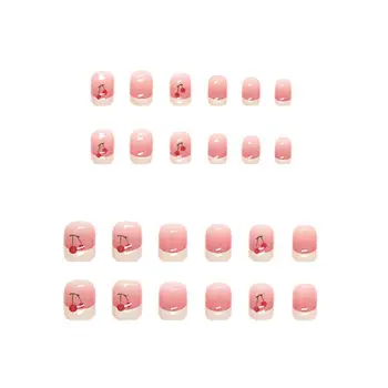 Накладные кончики ногтей в японском стиле, короткие Милые вишневые искусственные ногти, отполированные клеем, искусственные кончики ногтей для девочек Изображение 2