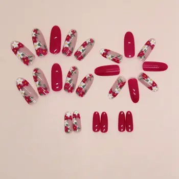 Длинные овальные накладные ногти Маникюр Французский Цветок сливы Типсы для ногтей Съемный винтажный пресс для ногтей своими руками Изображение 2