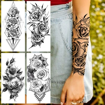 Реалистичные временные татуировки в виде цветка розы для женщин и взрослых, Геометрическая Мандала Пиона, поддельная татуировка, 3D Водонепроницаемая татуировка с коротким рукавом