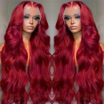Luvin 180% 36 дюймов Объемная Волна 99J Бордово-Красный Цвет 13x4 Синтетические Волосы На Кружеве Человеческих Волос Искусственные Парики Для Для Женщин 13x6 Синтетические Волосы На Кружеве Парик